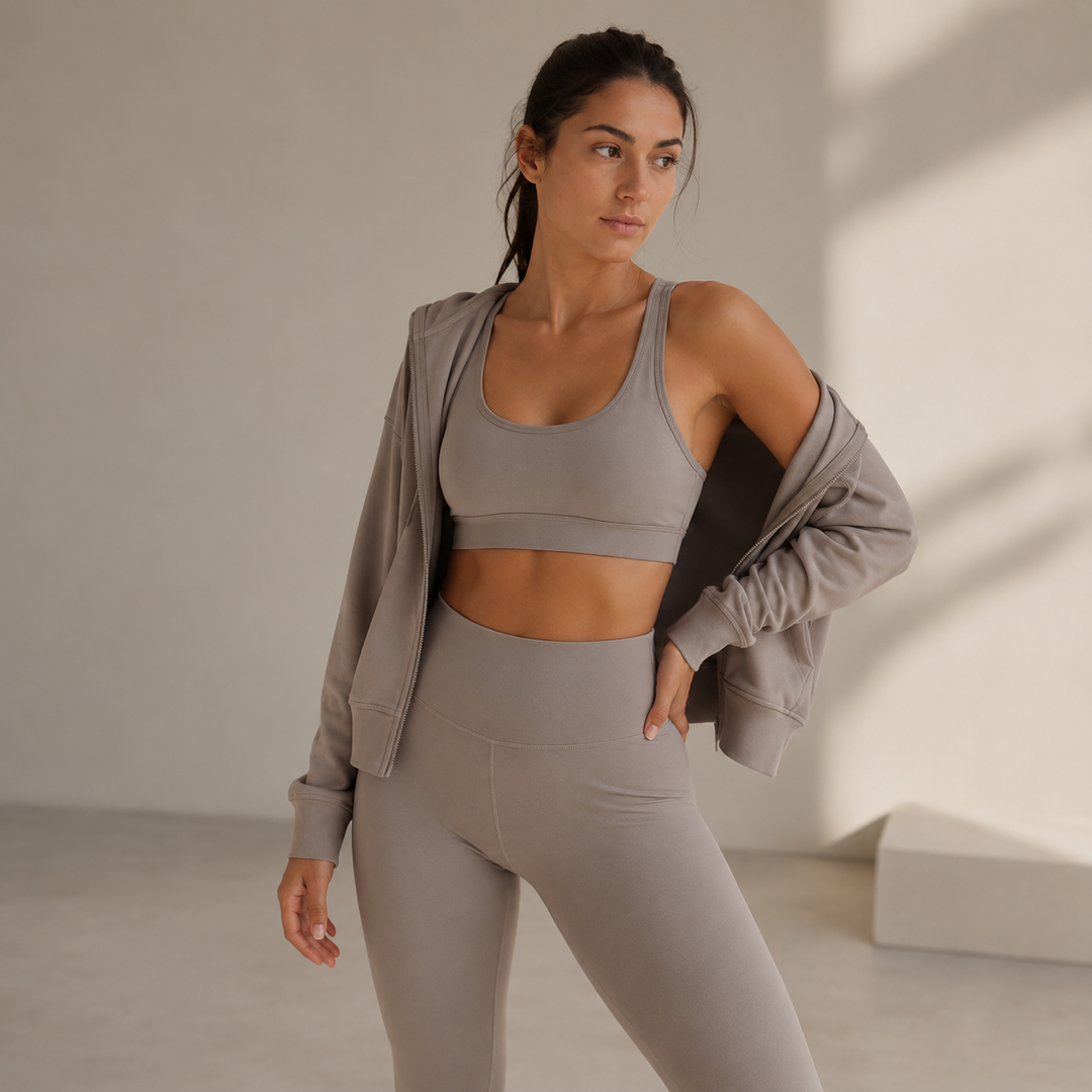 Matching activewear set in Nordic beige