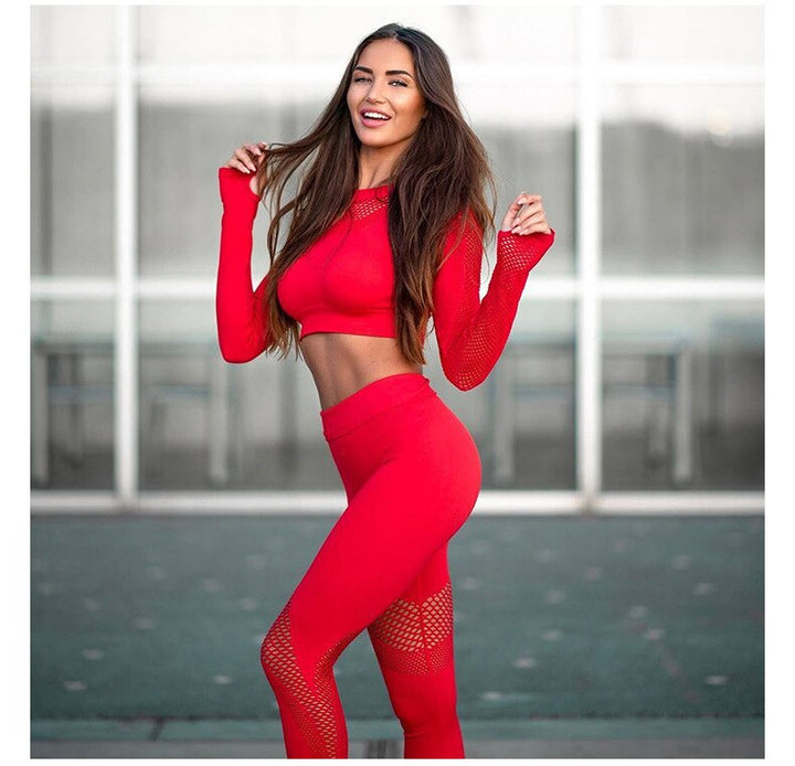 Women Yoga Set Long Sleeve Hollow Seamless Mesh Stretch-1