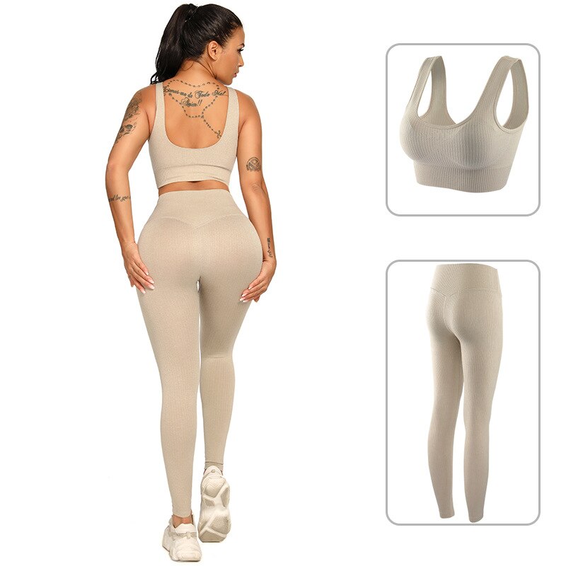 Ribbing Seamless Yoga Sets Fitness Sports Set Tank Crop Top Pants Tracksuit For Women Push Up Work Out Gym  Sportswear Outfits-0