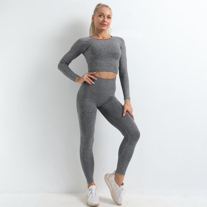 Autumn Seamless Yoga Set High Stretch Tracksuit For Women Long Sleeve Crop Top Leggings Two Piece Set Running Push Up Clothing-2