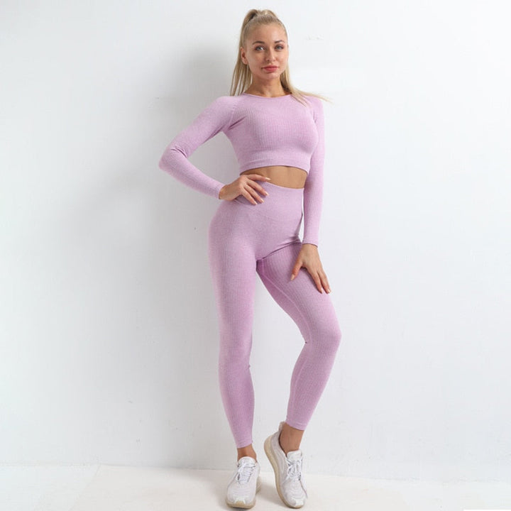 Autumn Seamless Yoga Set High Stretch Tracksuit For Women Long Sleeve Crop Top Leggings Two Piece Set Running Push Up Clothing-5