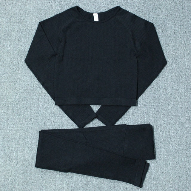 Autumn Seamless Yoga Set High Stretch Tracksuit For Women Long Sleeve Crop Top Leggings Two Piece Set Running Push Up Clothing-6