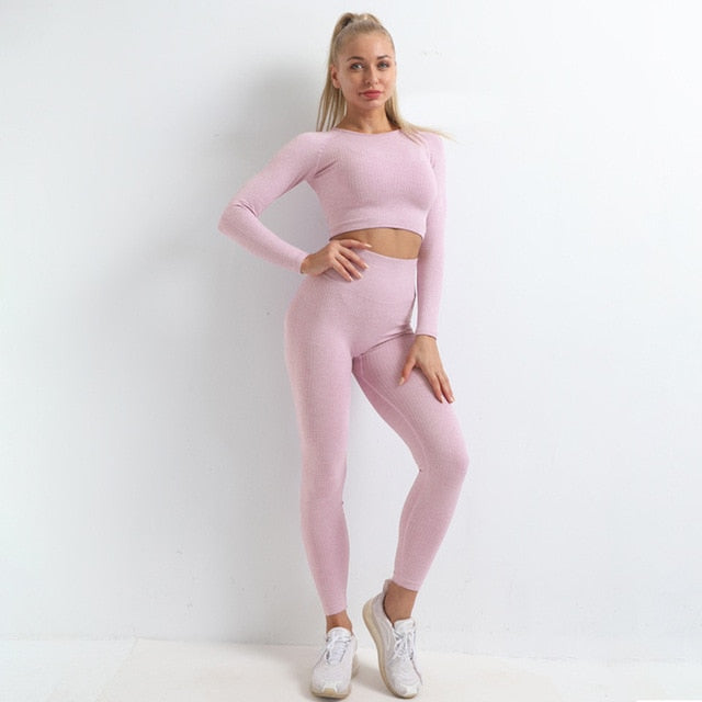 Autumn Seamless Yoga Set High Stretch Tracksuit For Women Long Sleeve Crop Top Leggings Two Piece Set Running Push Up Clothing-1