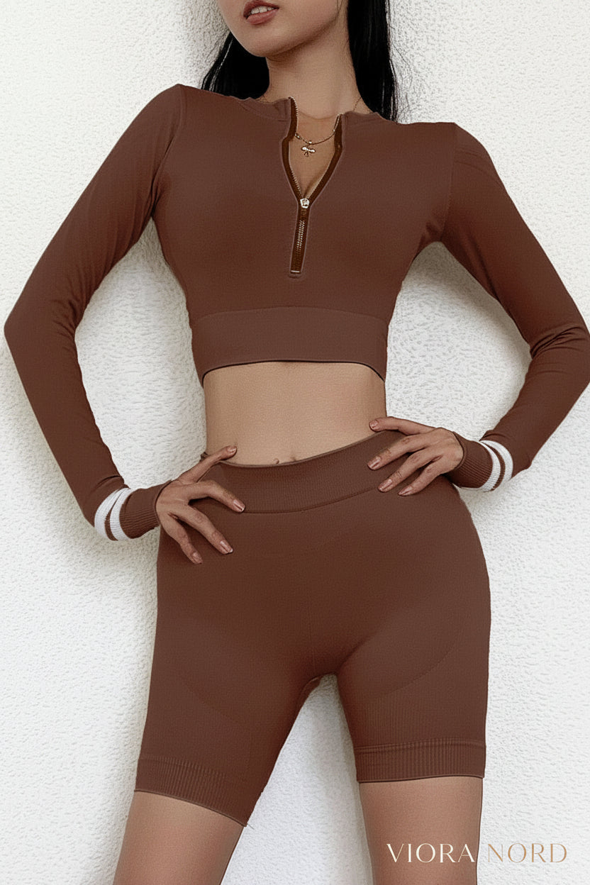 Seamless Sportswear Yoga Set Gym Fitness Tracksuit Striped Long Sleeve Zipper Top Hips Lifting Leggings Running Traning 2 Piece-7