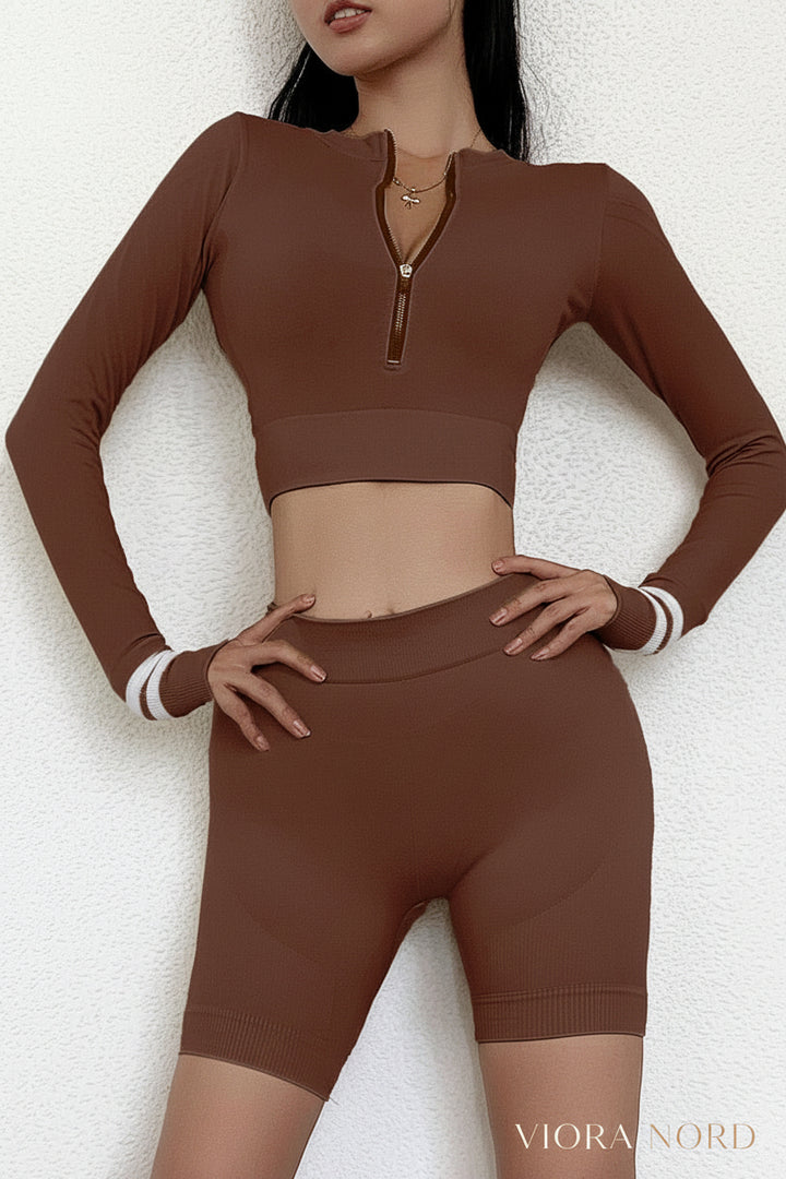 Seamless Sportswear Yoga Set Gym Fitness Tracksuit Striped Long Sleeve Zipper Top Hips Lifting Leggings Running Traning 2 Piece-7