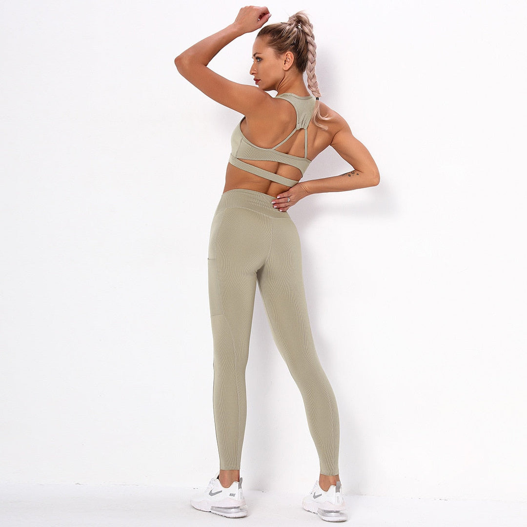 Seamless Sporty Yoga Suit GYM Fitness Workout Running Tracksuit Sports Sleeveless Crop Top Pants Set Jogging Dry Quick Set-0