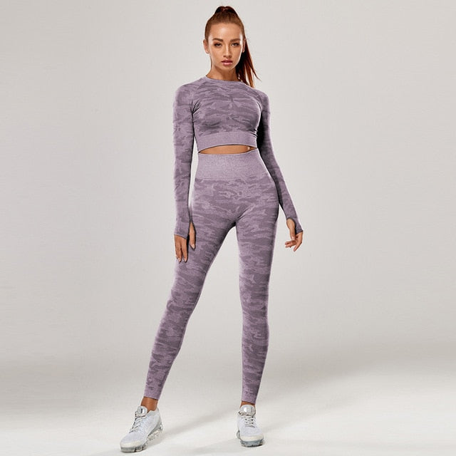 Yoga Set 2 Piece Sport Outfits Gym Activewear Long Sleeve Crop Top + Yoga Pants Running Leggings Suits Workout Tracksuits-6