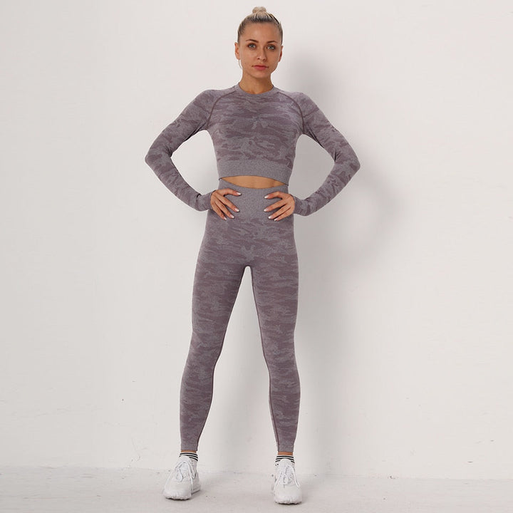 Yoga Set 2 Piece Sport Outfits Gym Activewear Long Sleeve Crop Top + Yoga Pants Running Leggings Suits Workout Tracksuits-0